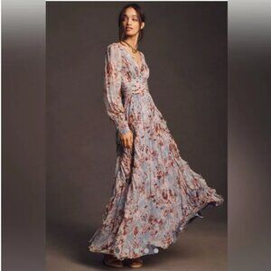 BHLDN V-Neck Long-Sleeve Printed Chiffon Gown